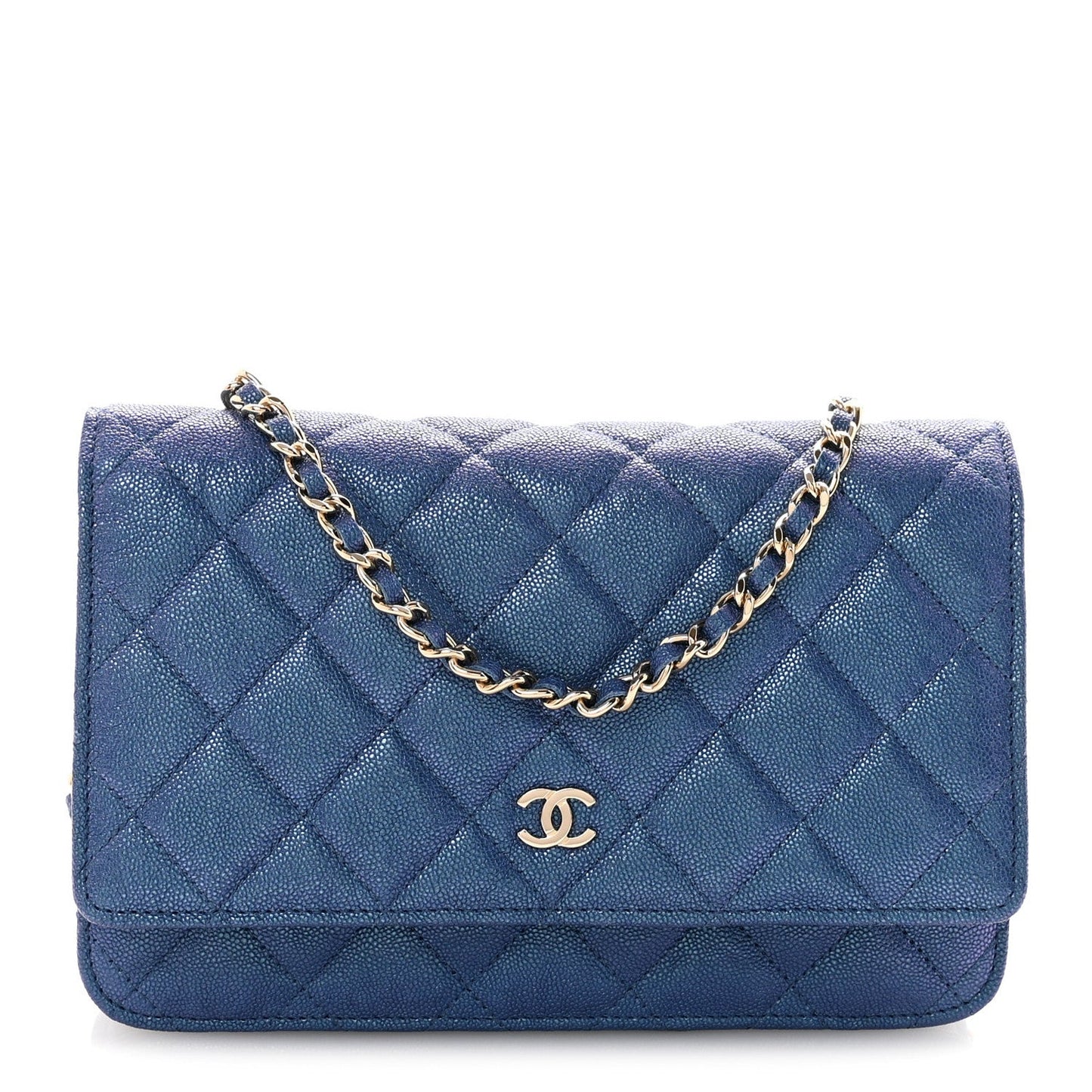 Iridescent Caviar Quilted Wallet on Chain WOC Dark Blue