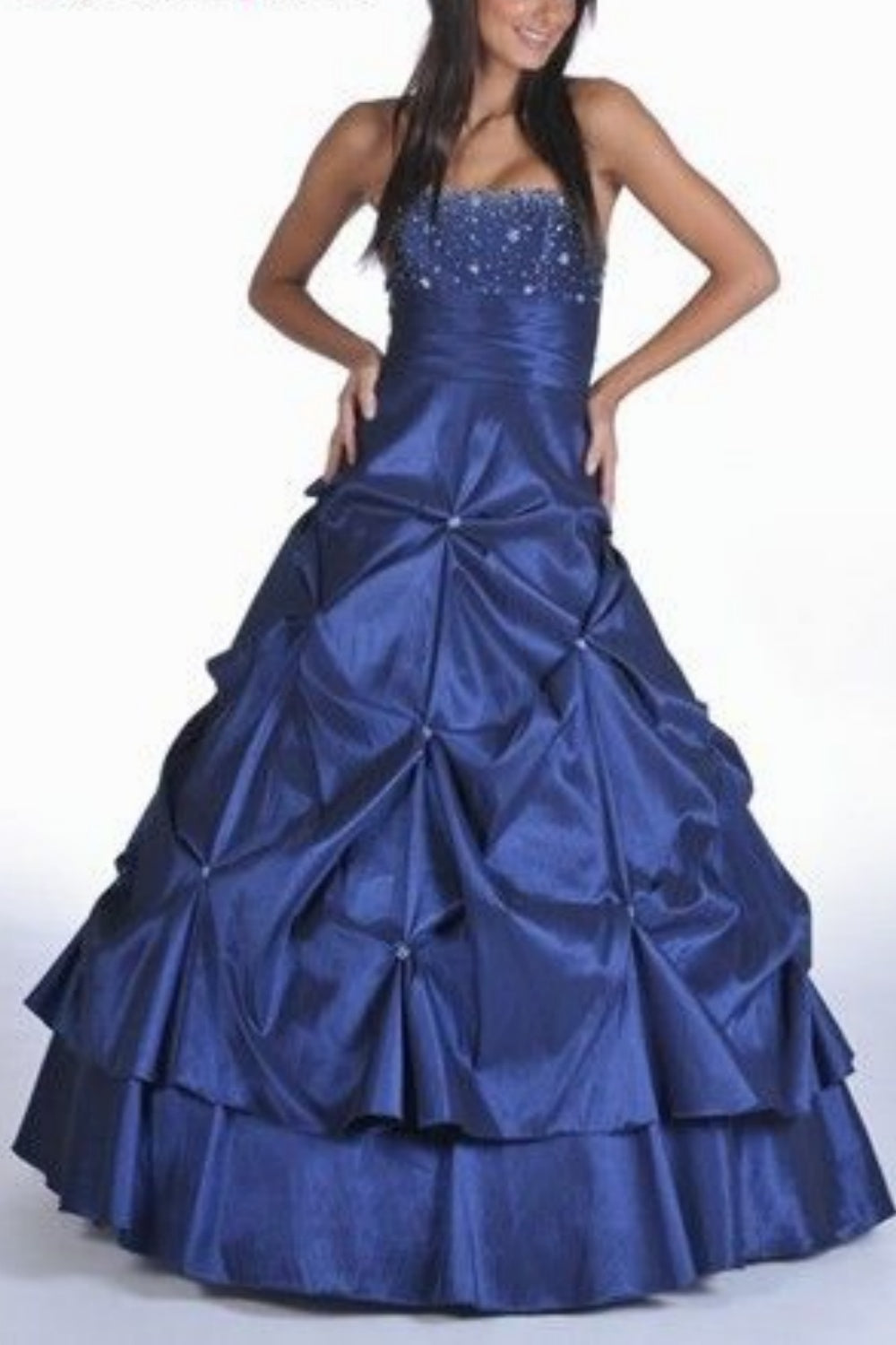 formaldressy-Elegant Navy Blue Strapless Ball Gown with Beaded Bodice and Ruched Embellished gh5814