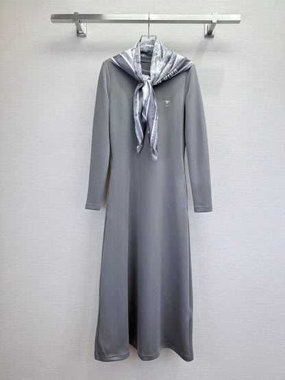 CD 25SS Bee Embroidery Dress Matching Printed Silk Scarf Gray Cotton 306555