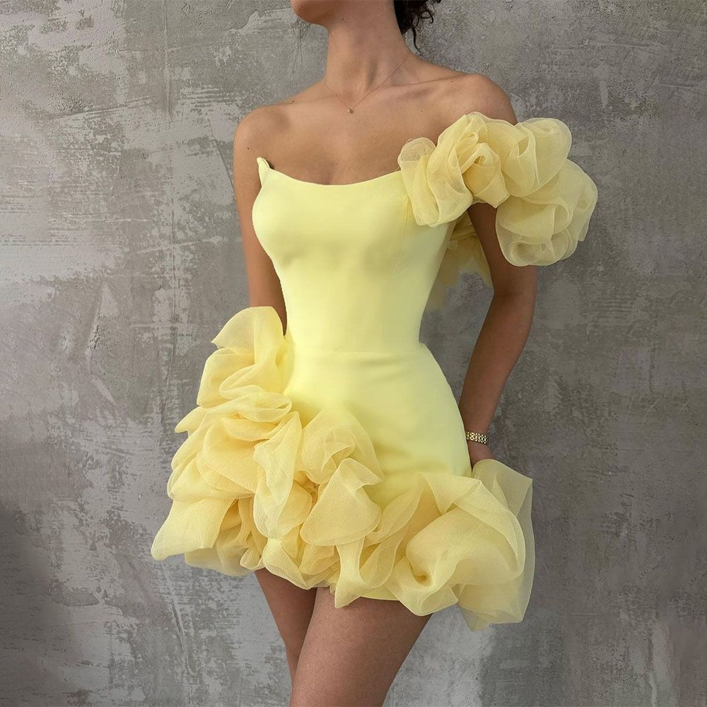 formaldressy-Yellow one-shoulder fashion sweet bud skirt short chiffon homecoming dress birthday dress gh5269