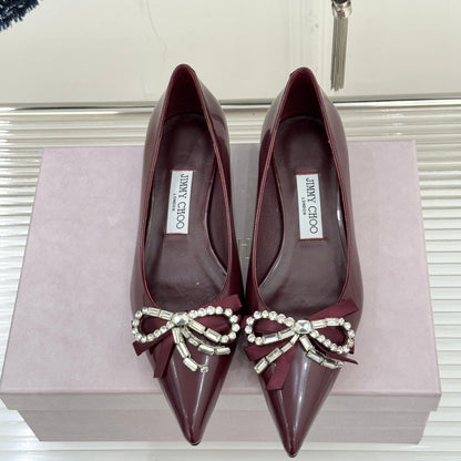 Jimmy Choo 26WF Pointed Toe Rhinestone Bow Chunky Heel Burgundy Sheepskin 573541
