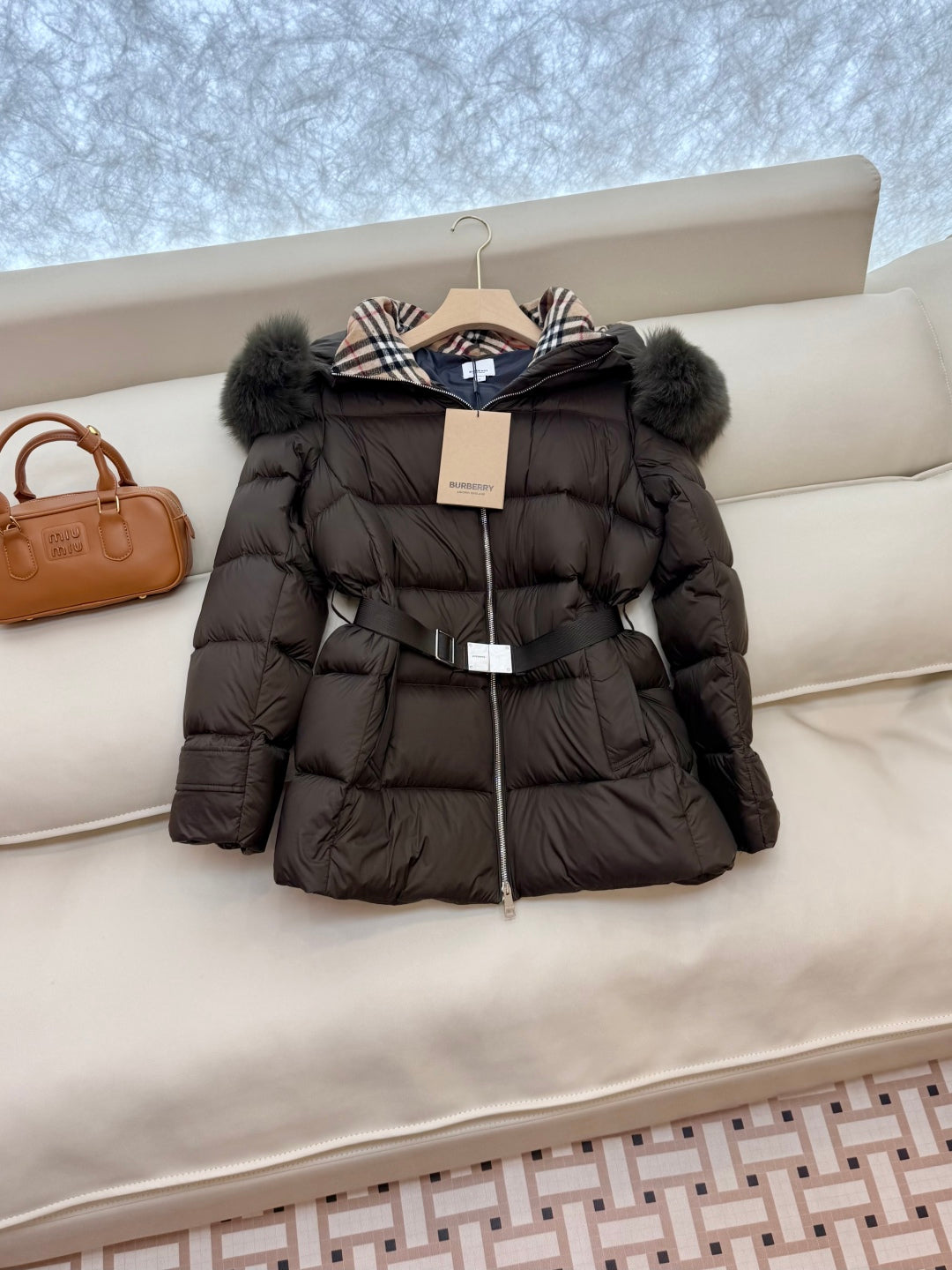Burberry 25 Fur Collar Plaid Slim-fit Khaki Green Jacket Polyester Down