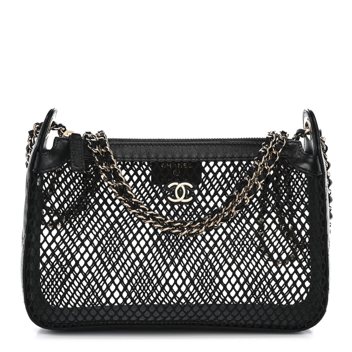 Mesh Shiny Lambskin Clutch With Chain Black