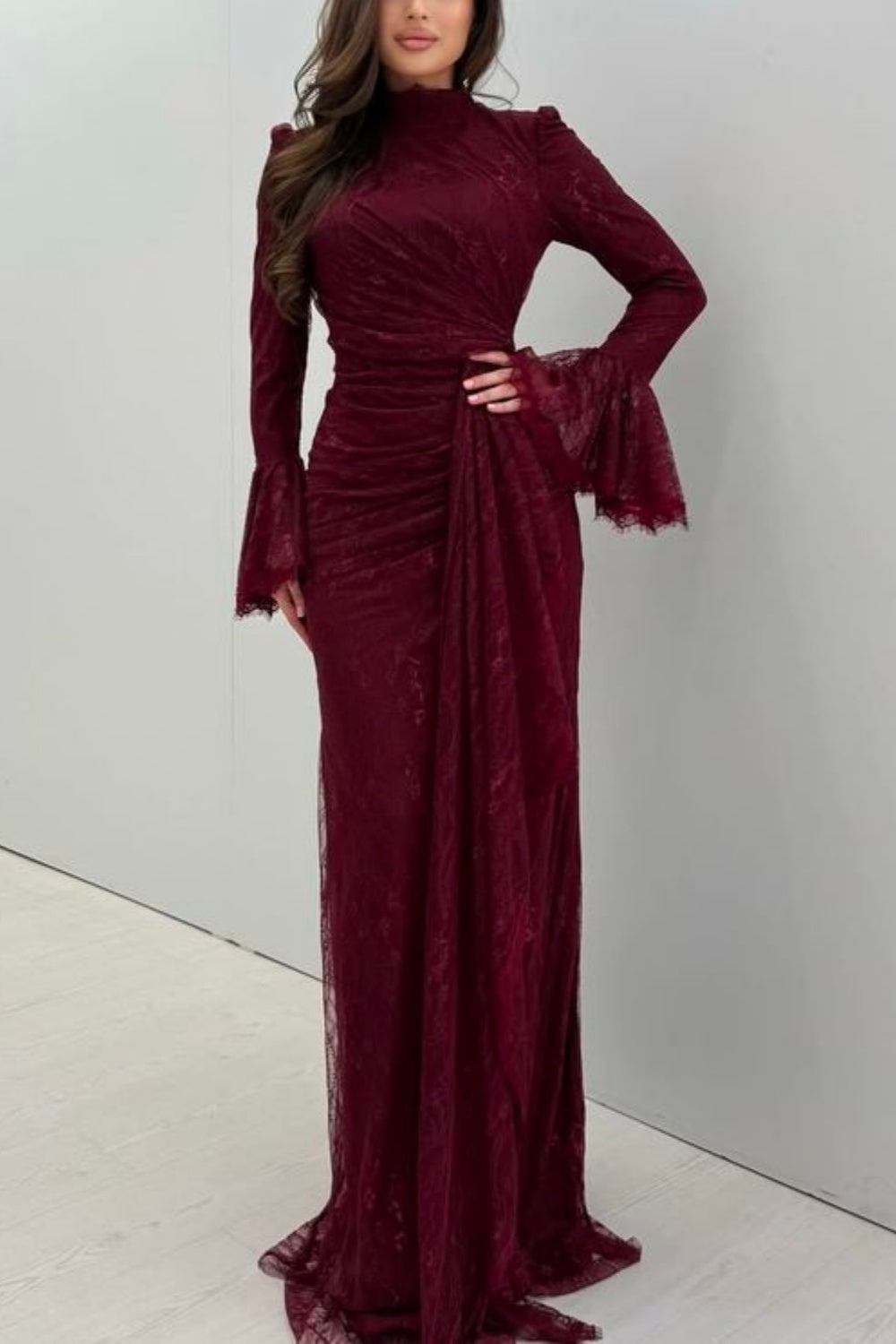formaldressy-Burgundy Long-Sleeved Lace Long Dress gh6255
