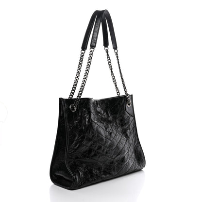 Crinkled Calfskin Matelasse Monogram Medium Niki Shopper Tote Black