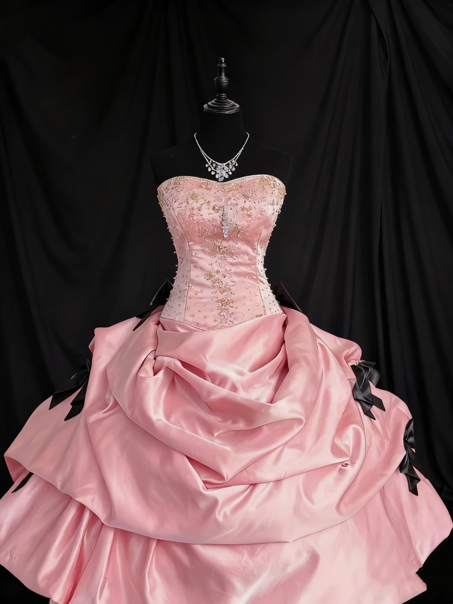 formaldressy-Girlish Heart Party Style Pink Satin & Black Bow Beaded Strapless Floor - Length Birthday Highlight Dress gh5888