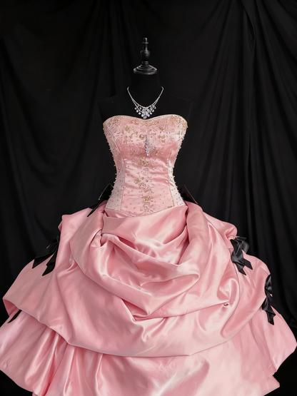 formaldressy-Girlish Heart Party Style Pink Satin & Black Bow Beaded Strapless Floor - Length Birthday Highlight Dress gh5888
