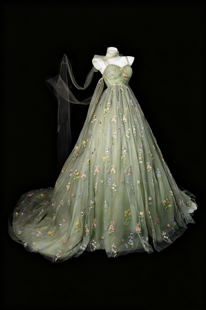 formaldressy-Green Delicate Floral Tulle Ball Gown gh6285