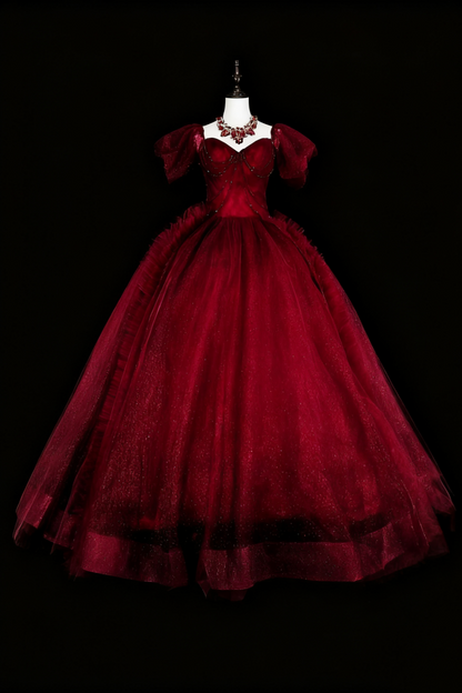 formaldressy-Burgundy Retro Sparkling Short-Sleeved Long Tulle Ball Gown gh6134