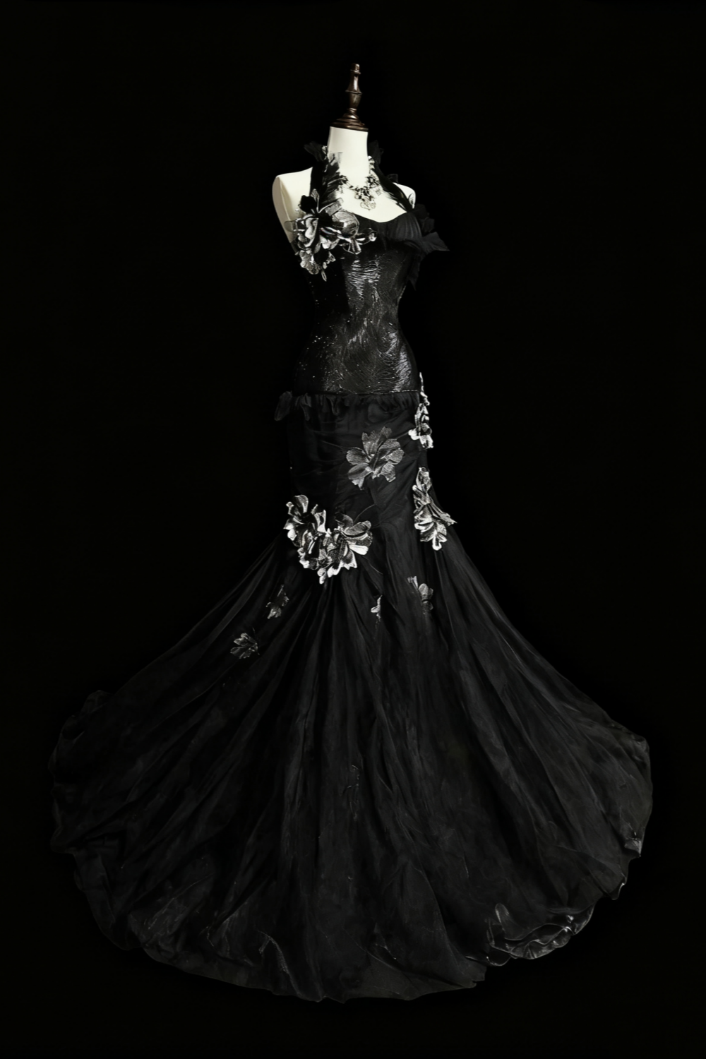 formaldressy-Evening dress Black mermaid-inspired floral gown, uniquely elegant dark mermaid long tulle ball gown/evening dress. gh6138