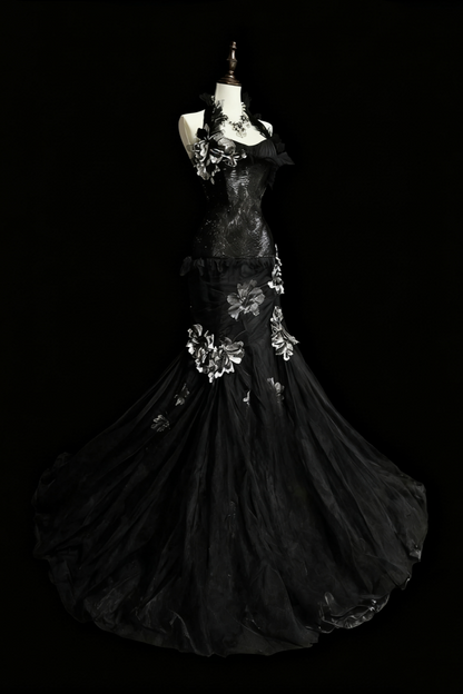 formaldressy-Evening dress Black mermaid-inspired floral gown, uniquely elegant dark mermaid long tulle ball gown/evening dress. gh6138