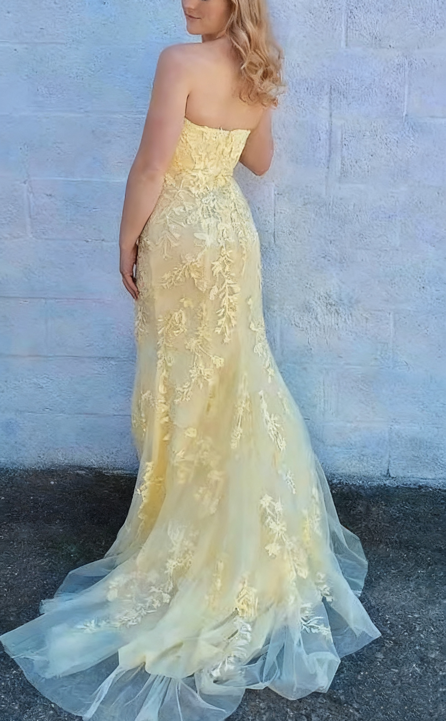 formaldressy-Yellow floral long slit floor-length tulle prom dress ball gown gh5922
