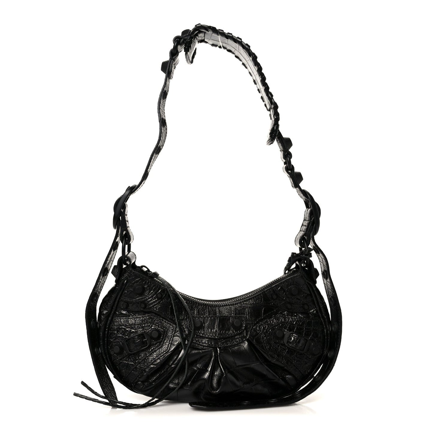 Extra Supple Calfskin Crocodile Embossed Monochrome Le Cagole Shoulder Bag XS Black