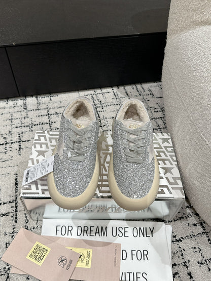 Golden Goose 2025 Space-Star Sabot Sneaker Silver Beige Glitter Wool 141174
