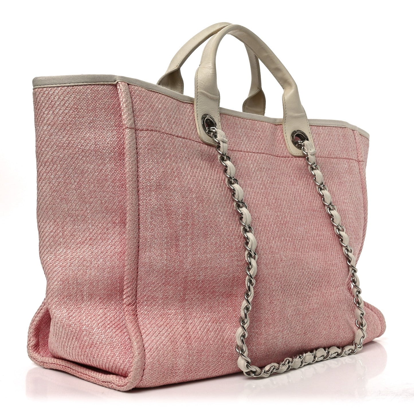 Woven Straw Raffia Medium Deauville Tote Pink White