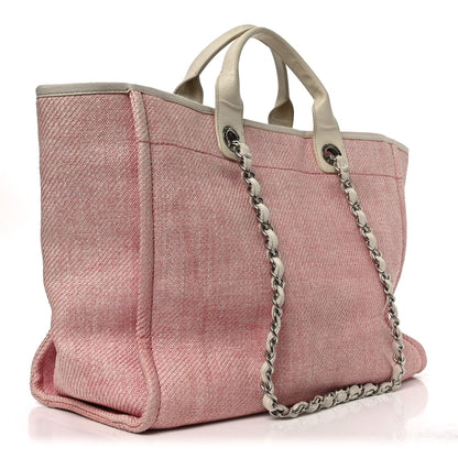 Woven Straw Raffia Medium Deauville Tote Pink White