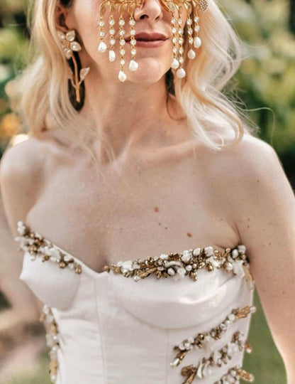 formaldressy-Ivory and Gold Beaded Long Layered Floor-Length Wedding Dress with Train gh5389