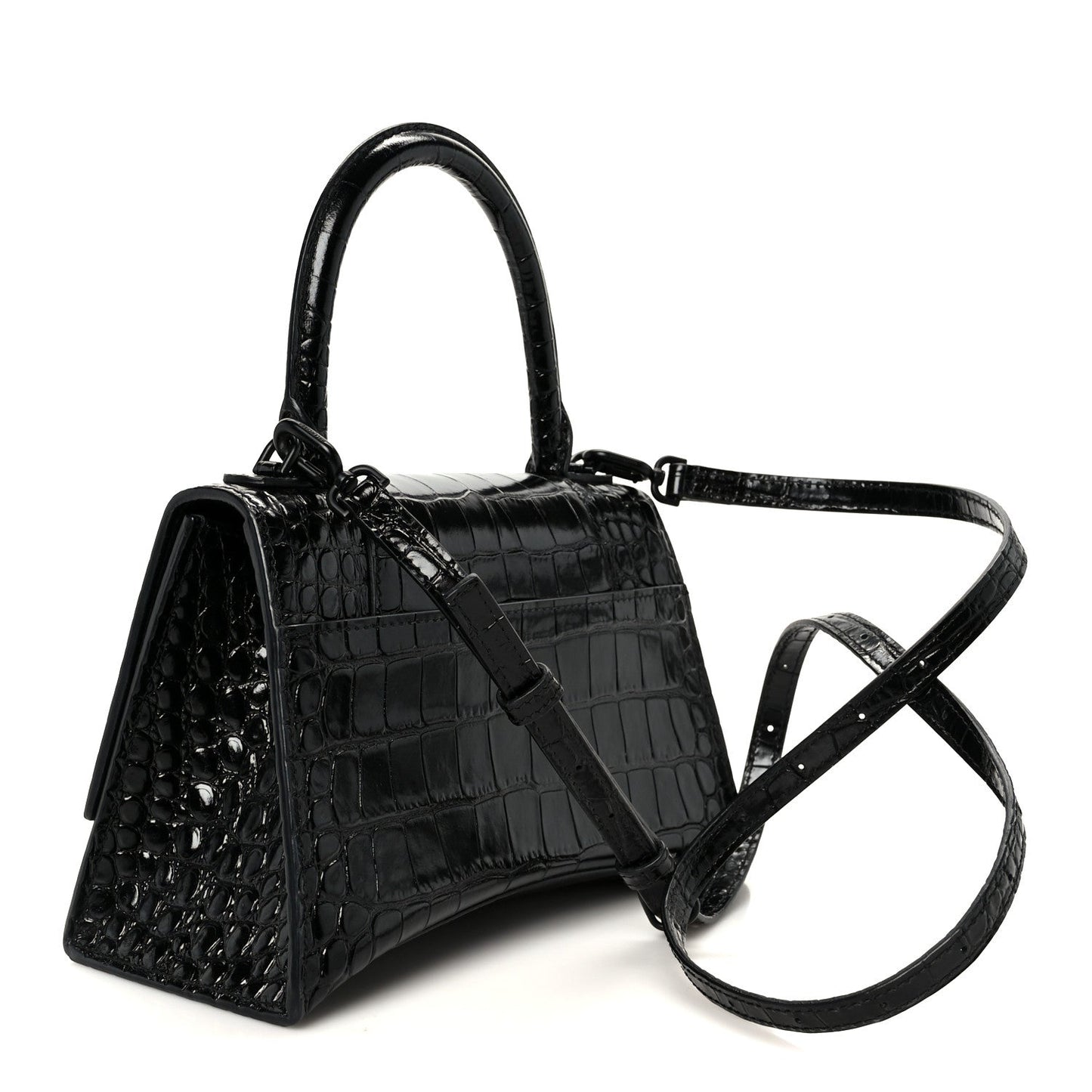Shiny Calfskin Monochrome Crocodile Embossed Small Hourglass Top Handle Bag Black