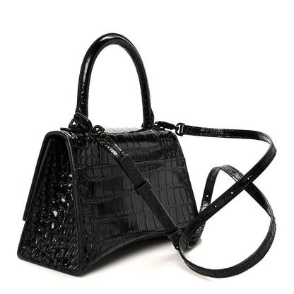 Shiny Calfskin Monochrome Crocodile Embossed Small Hourglass Top Handle Bag Black