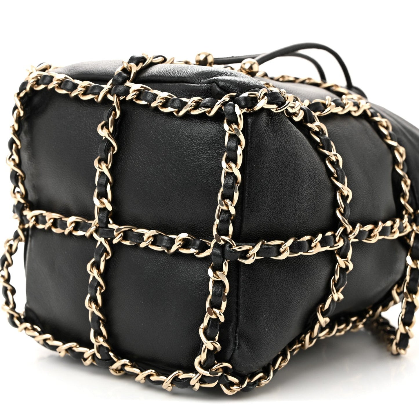 Lambskin Bucket Chain Drawstring Bag Black