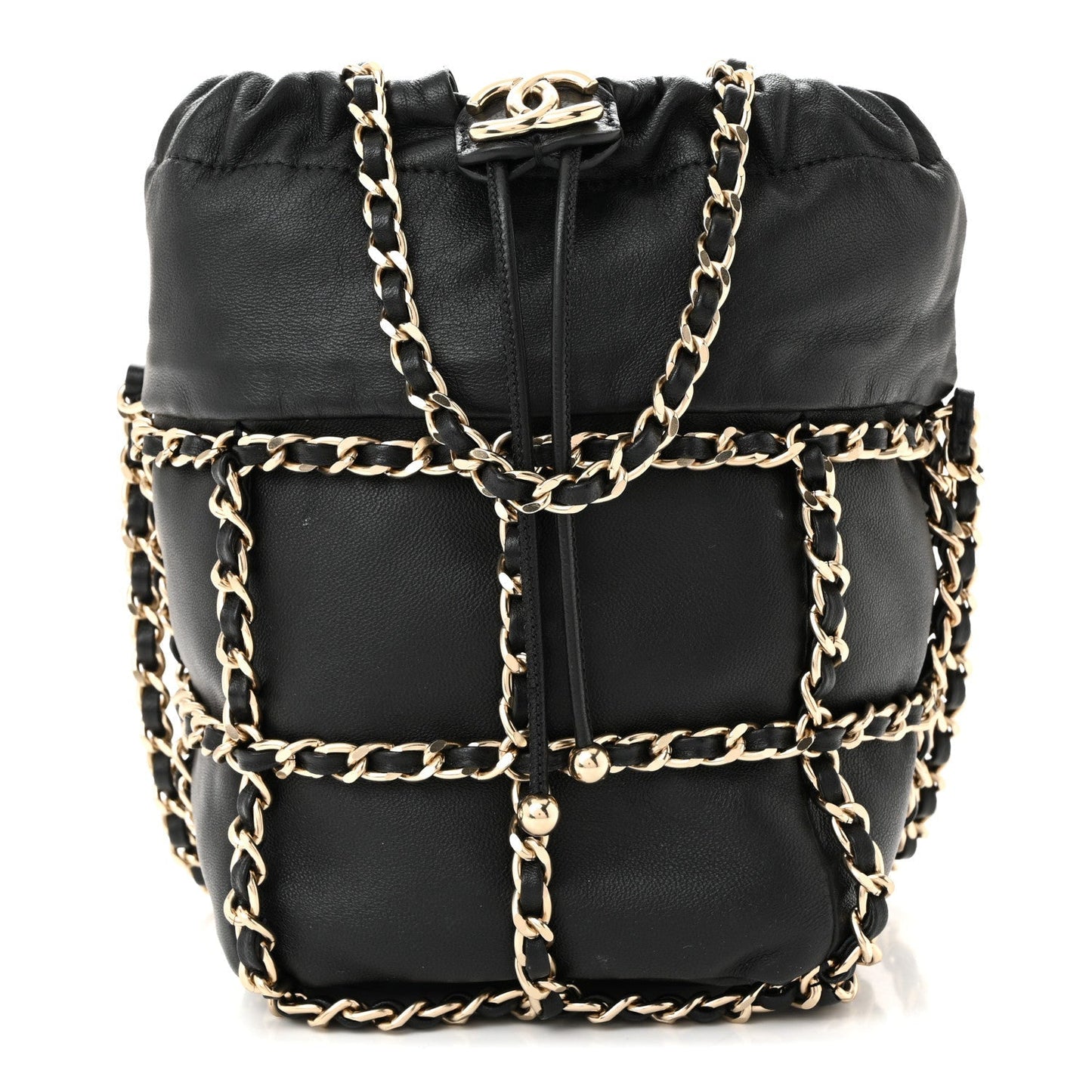 Lambskin Bucket Chain Drawstring Bag Black