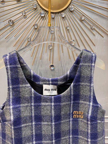 Miumiu 2026 Plaid Vest Dress Blue-Gray Wool Viscose