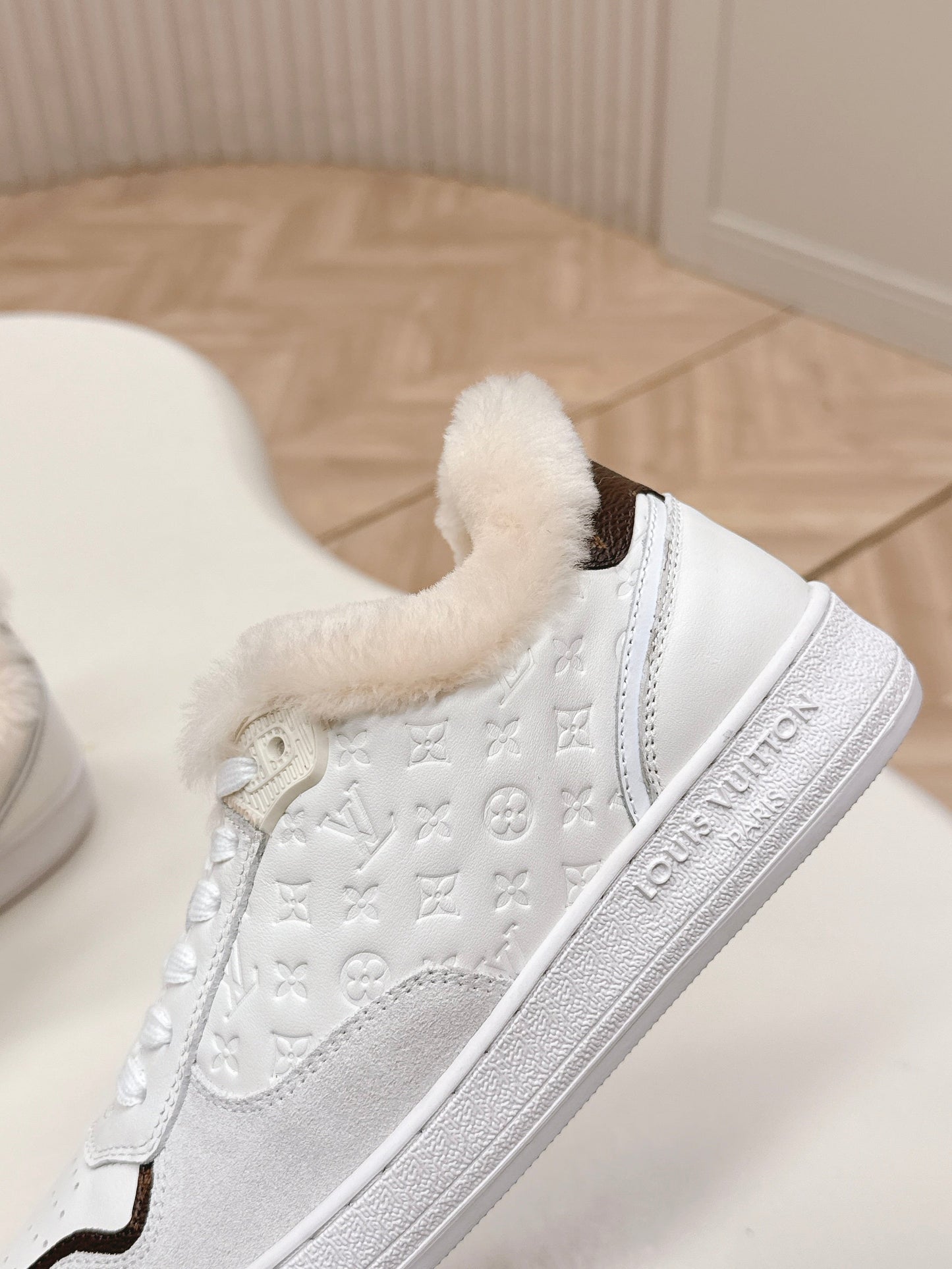 LV Stadium Sneaker White Brown Monogram Canvas Cowhide Wool 595426