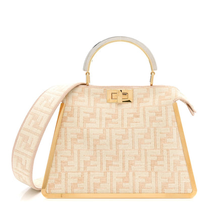 Chenille Suede Metal FF Small Peekaboo I SEE U Satchel Beige White