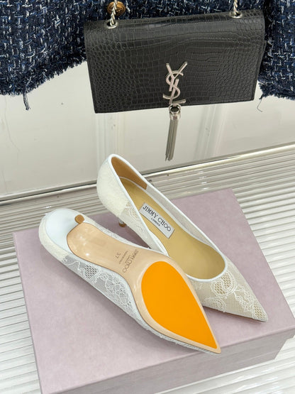 Jimmy Choo Classic Lace Pointed-Toe High Heels White Sheepskin 573529