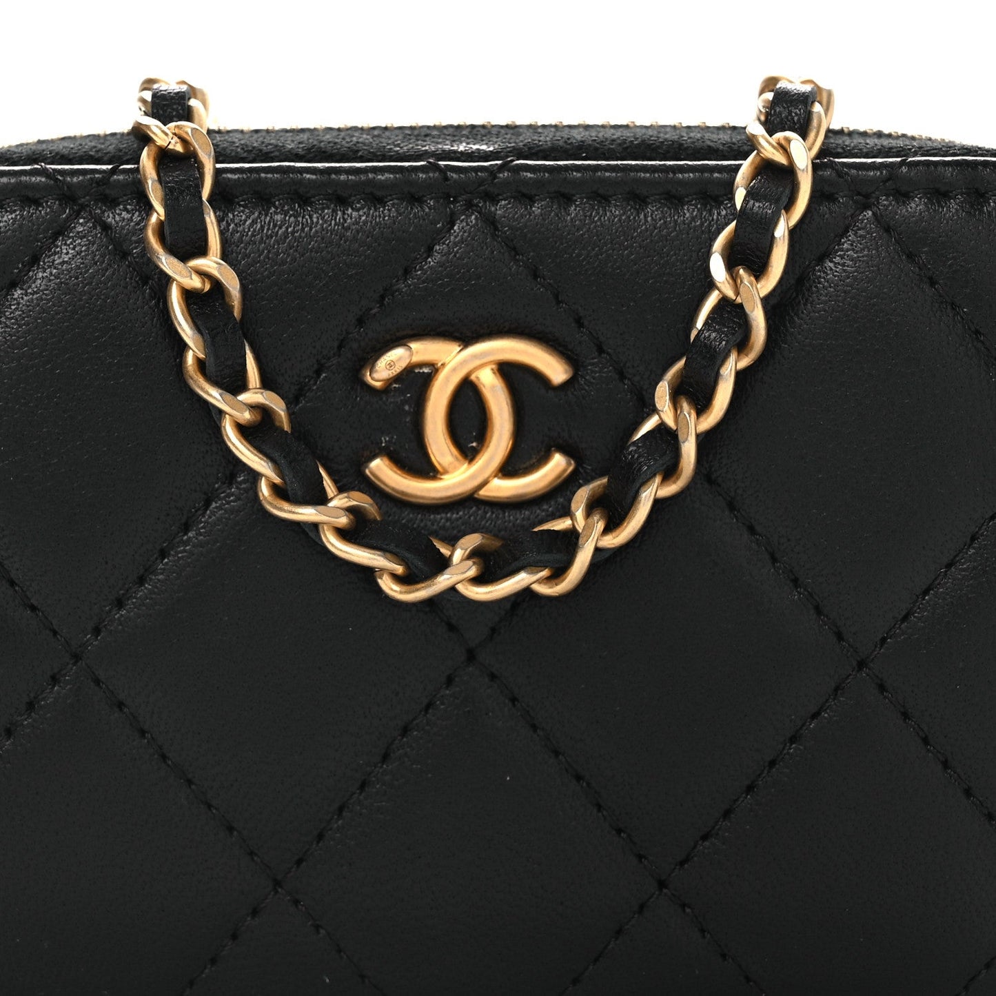 Lambskin Quilted CC Pearl Crush Zip Card Holder On Chain Black