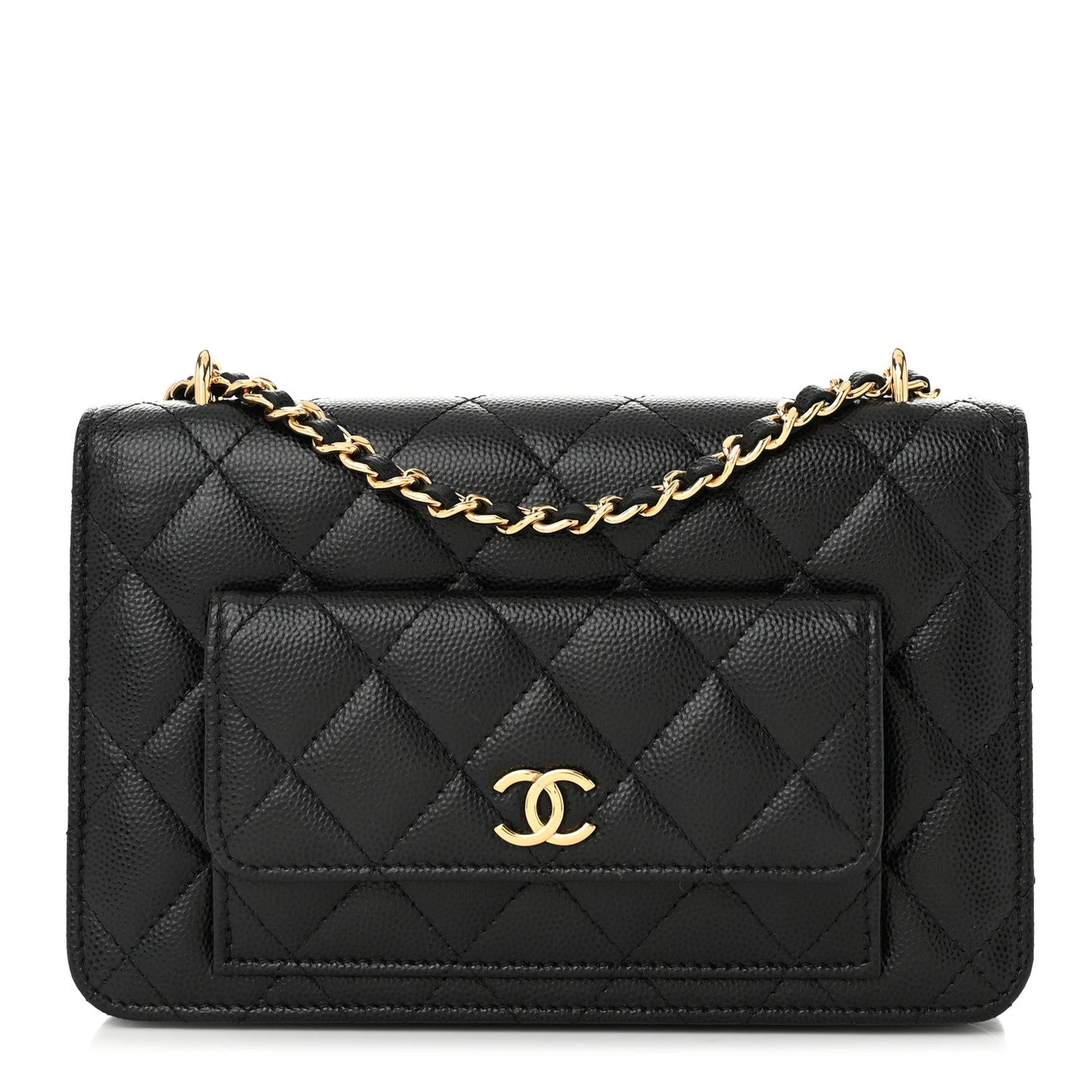 Caviar Quilted Pocket Clutch With Chain WOC Black