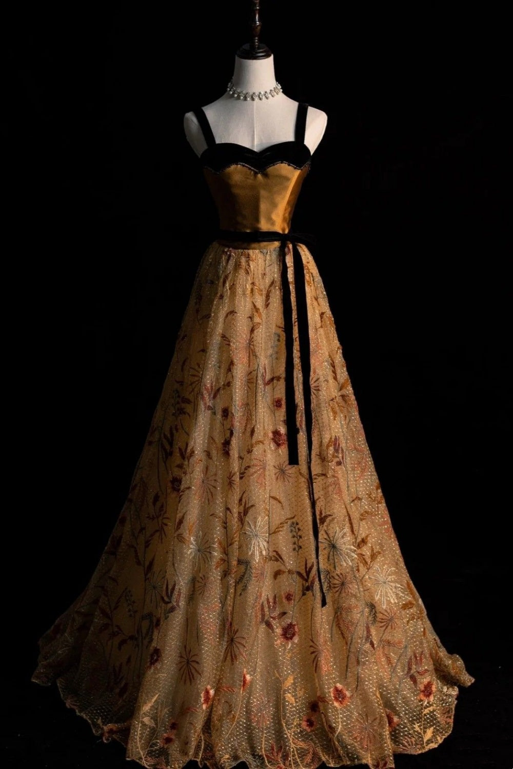 formaldressy-Gold-Brown-Black Paneled Embroidered Tulle Sleeveless Floor-Length Vintage Gown gh6323
