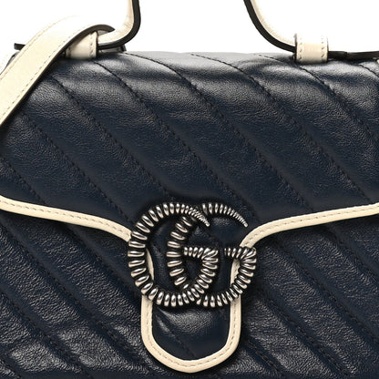 Vintage Effect Calfskin Matelasse Diagonal Mini Torchon GG Marmont Top Handle Shoulder Bag Blue Agata Mystic White