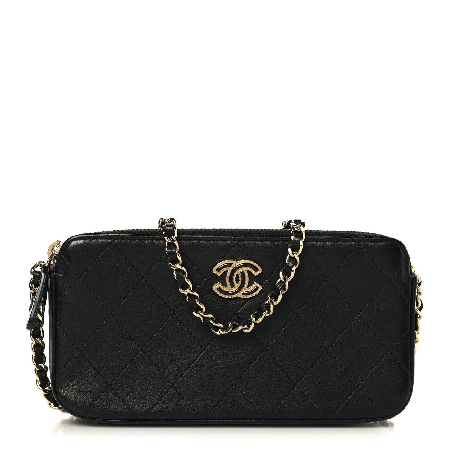 Goatskin Enamel Quilted Small Clutch With Chain Black