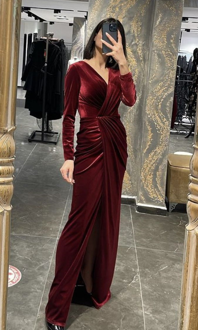 formaldressy-Burgundy Long-Sleeved Velvet Long Dress gh6254