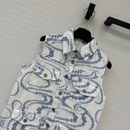 CC 25 Printed Denim Vest Jacket Blue White Cotton