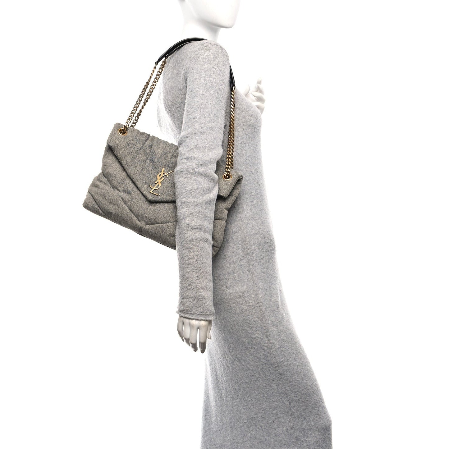 Denim Quilted Medium Loulou Puffer Monogram Chain Satchel Azur