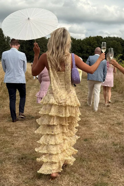 Strapless Yellow Chiffon Floral Long Prom Dresses Party Dress 22th Birthday Outfits Graduation Dress cg26097