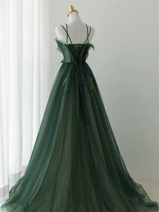 Forest Style Emerald Green Beading Tulle Dress, Prom Dress Fairy,Prom Gowns Graduation Prom Dresses