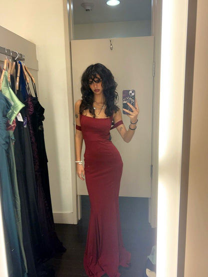 Unique Rust Red Mermaid Square Satin Without Sleeves Long Prom Dress,Evening Dress GG5326