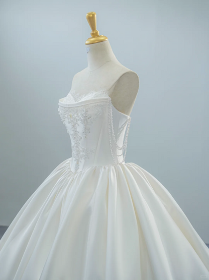 formaldressy-White satin long elegant tulle wedding prom dress gh5435