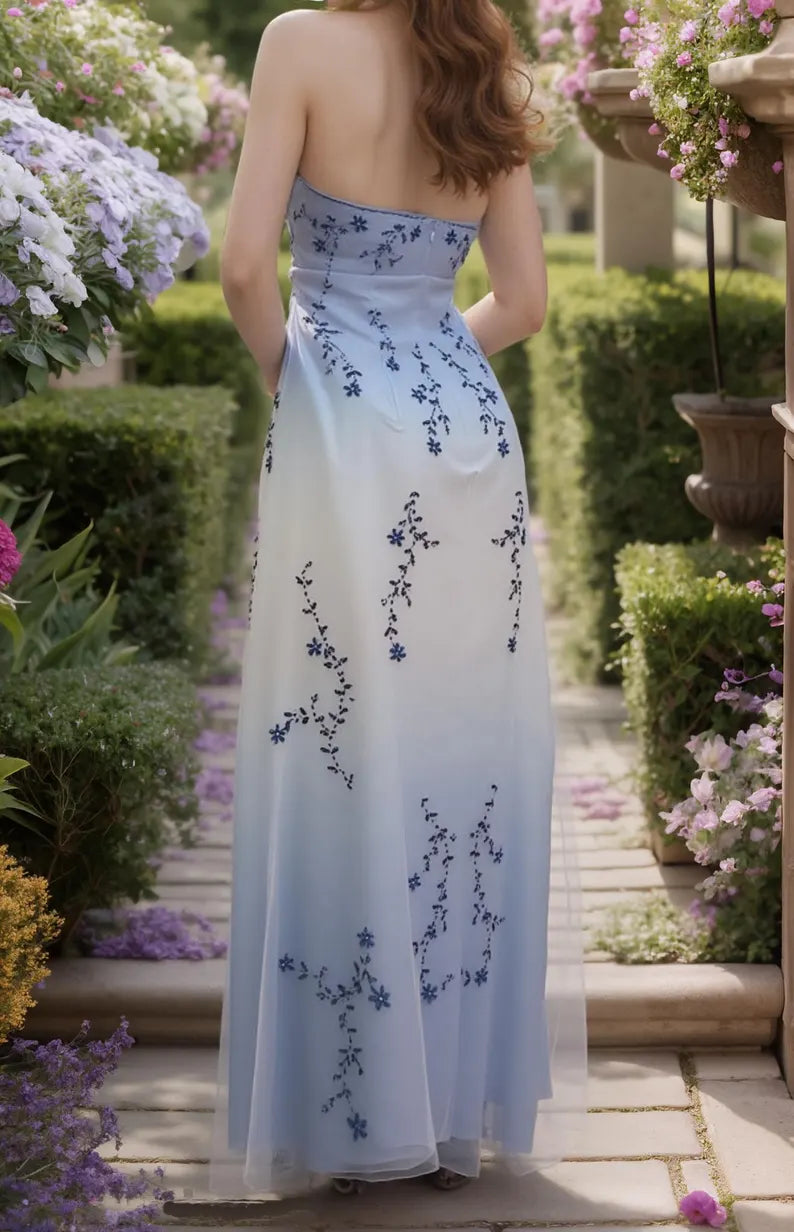 formaldressy--Blue and white exquisite floral strap fashion long tulle floor-length ball gown graduation dress gh5520