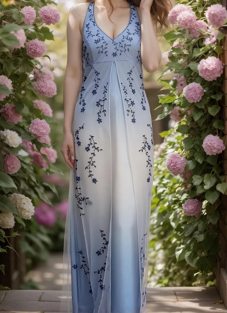 formaldressy--Blue and white exquisite floral strap fashion long tulle floor-length ball gown graduation dress gh5520