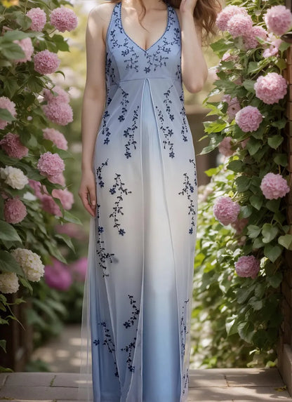 formaldressy--Blue and white exquisite floral strap fashion long tulle floor-length ball gown graduation dress gh5520