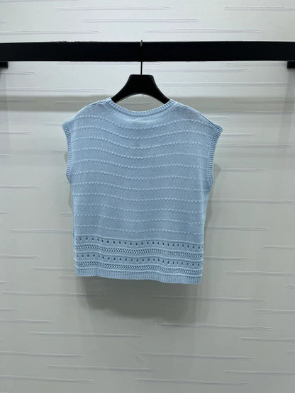 Chanel 2026 Hollow-out Knit Sleeveless Vest Blue and White Cotton 359840