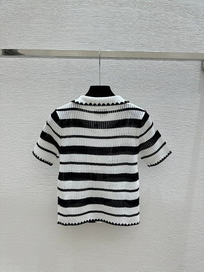 Chanel 2026 Striped Collared Knitted Short-Sleeve Cardigan 170591