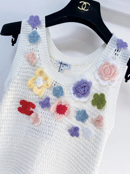 Chanel 2026 Colorful Floral Vest White mix colors Wool 149452