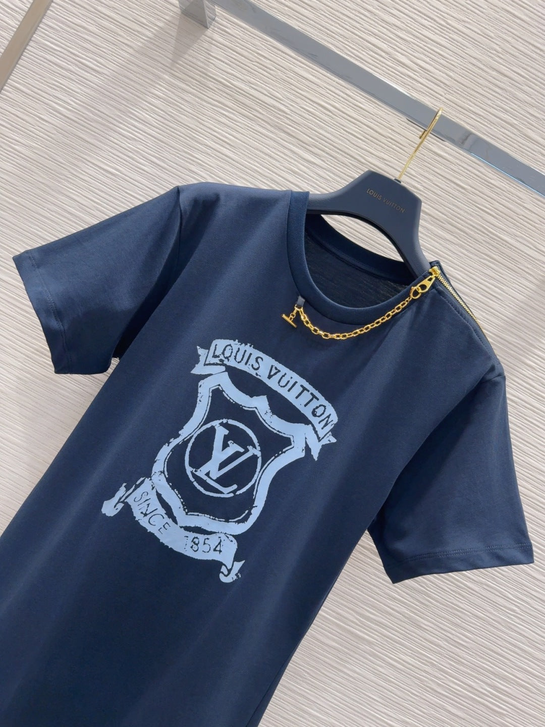 LV 25 Metal Zipper Decoration On The Left Shoulder Dress Blue Cotton