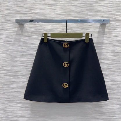 GG Crêpe Skirt With Double G Button Black Wool 346672