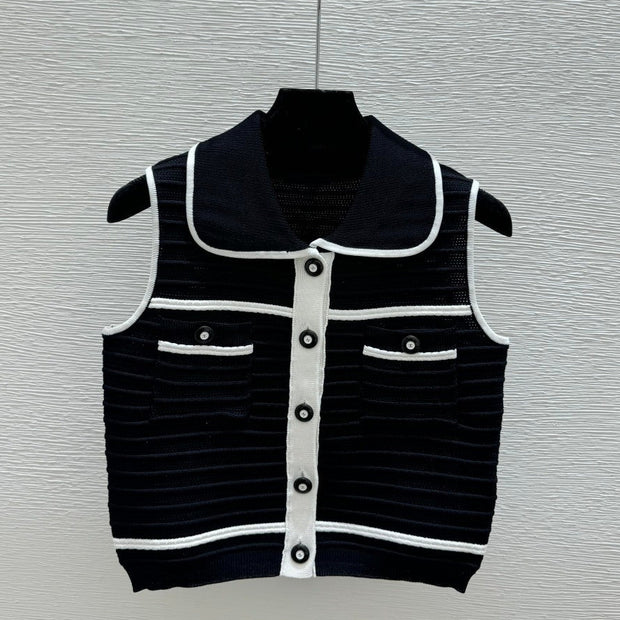 Chanel 2026 Collar Knitted Vest Cardigan Black Cotton Silk 170688
